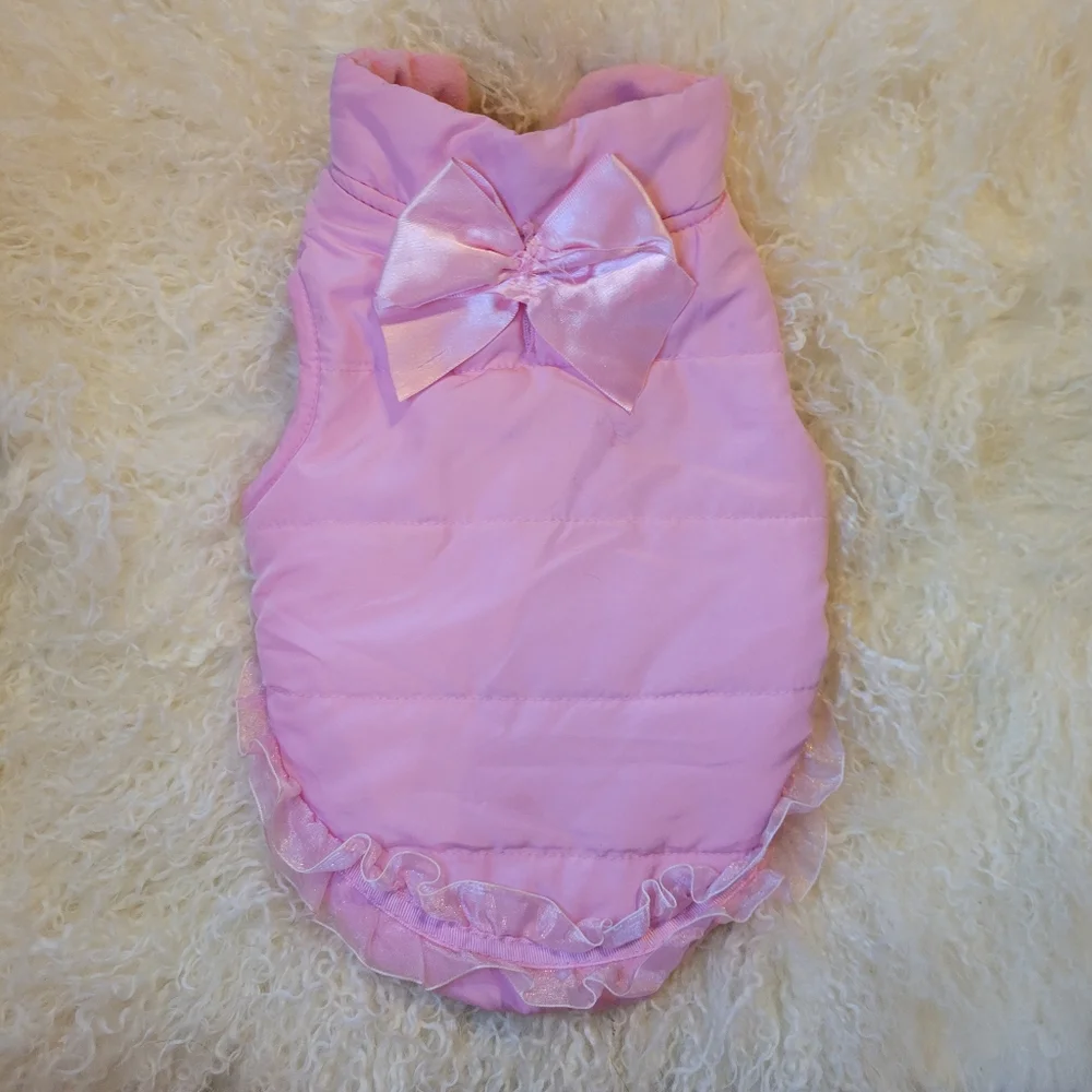 😊 Simply Dog Pink Puffer Vest Jacket Hat Accessory Breeds Lace Bow Velcro Easy - Picture 5 of 8